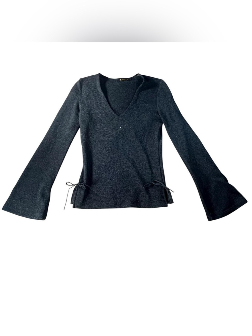 Kris D Black Knit Flare Sleeve V-Neck Top with Side Tie Detail